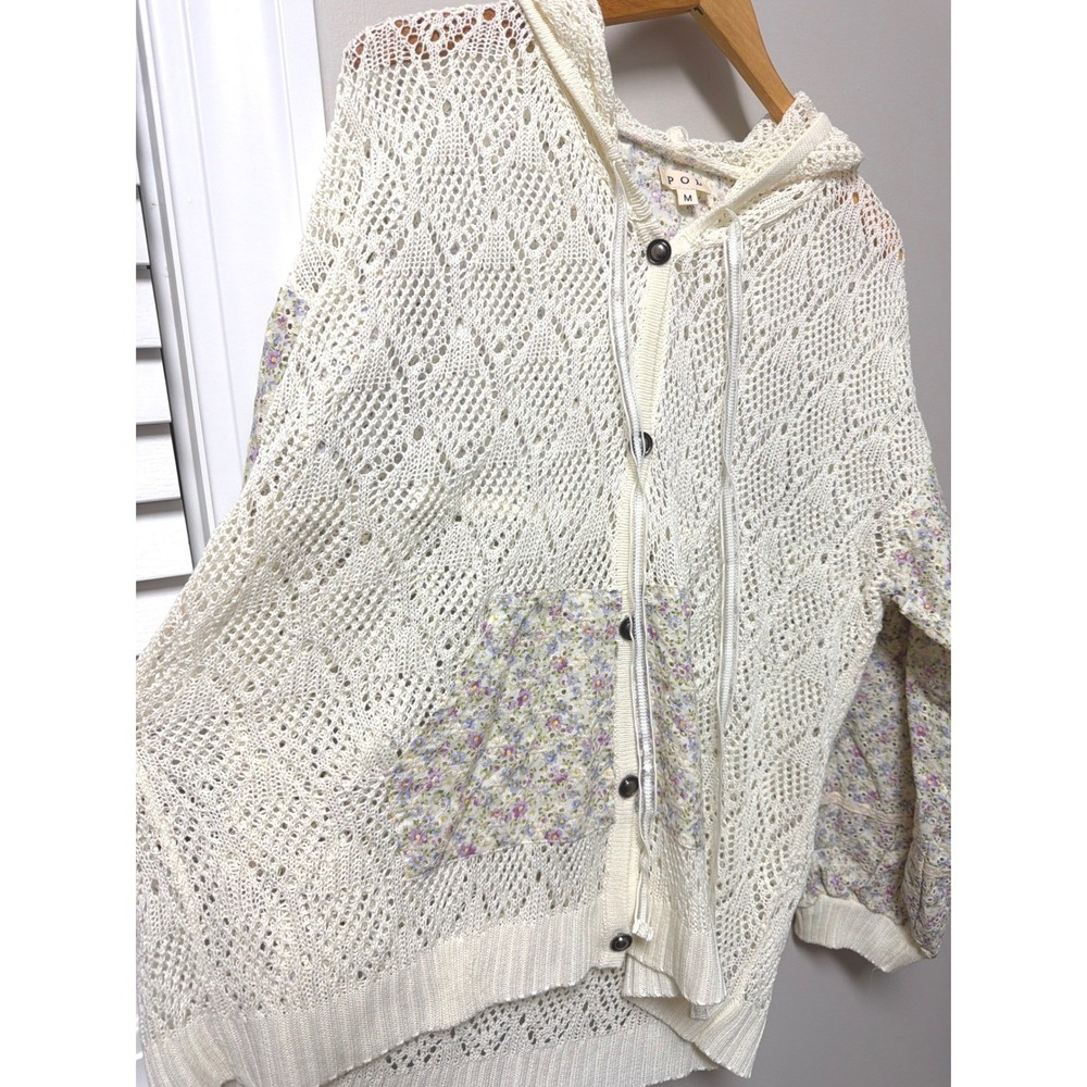 POL Crochet Knit Floral Puff Sleeve Hooded Cardigan Sweater Cream M Y2K Coquette - Picture 10 of 12
